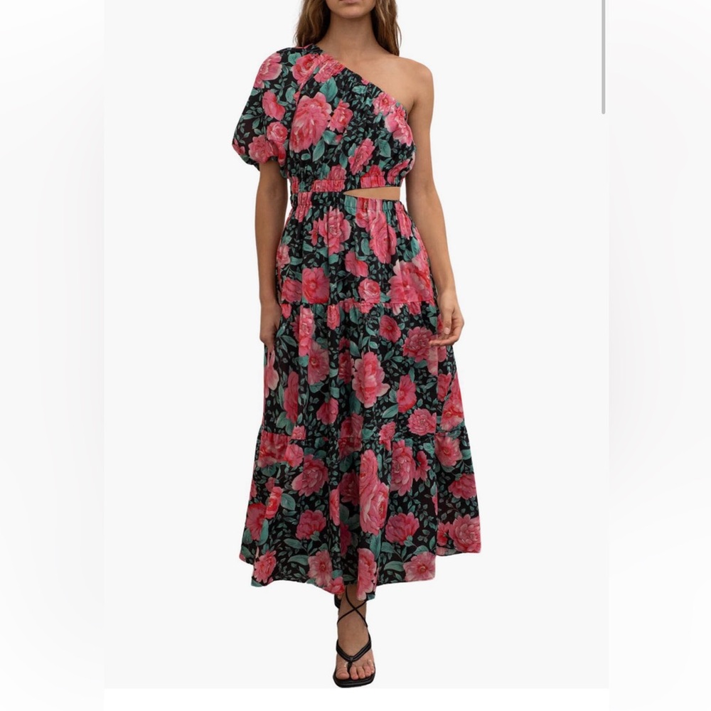 Moon River Floral Cutout One Shoulder Dress